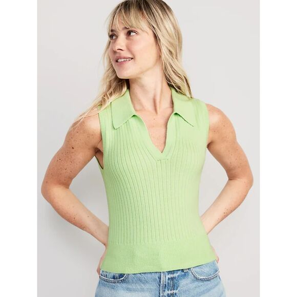 Old Navy | Pastel Lime Green Sleeveless Rib-Knit Cropped Polo | Small - Picture 1 of 8